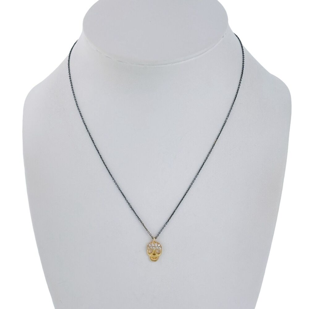 Vintage Sterling Silver 925 Gold-Tone Crystal Skull Pendant Necklace 15.5"-17.5"